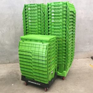 Attached Lid Tote (Pallet of 60) - 22x15x10 Industrial Strength Round Trip Tote. Made in USA.